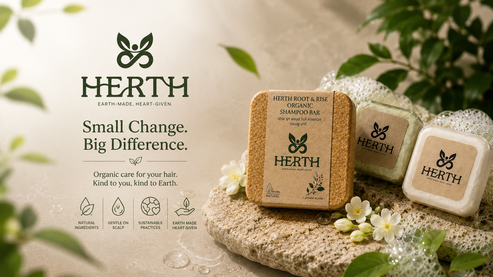 HERTH แชมพูก้อนออร์แกนิกวางบนหินพร้อมดอกไม้และใบไม้ — Small Change. Big Difference.